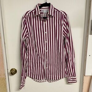 Zara Men's Purple and White Striped Button Down Superslim Fit Shirt